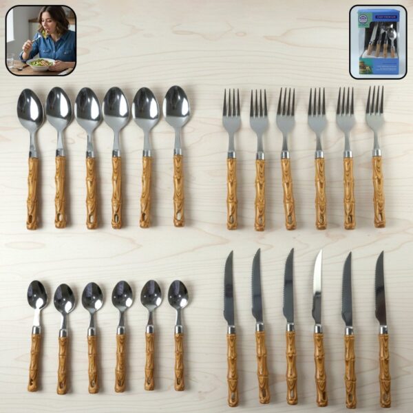 24 piece stainless steel cutlery set with wooden finish handles