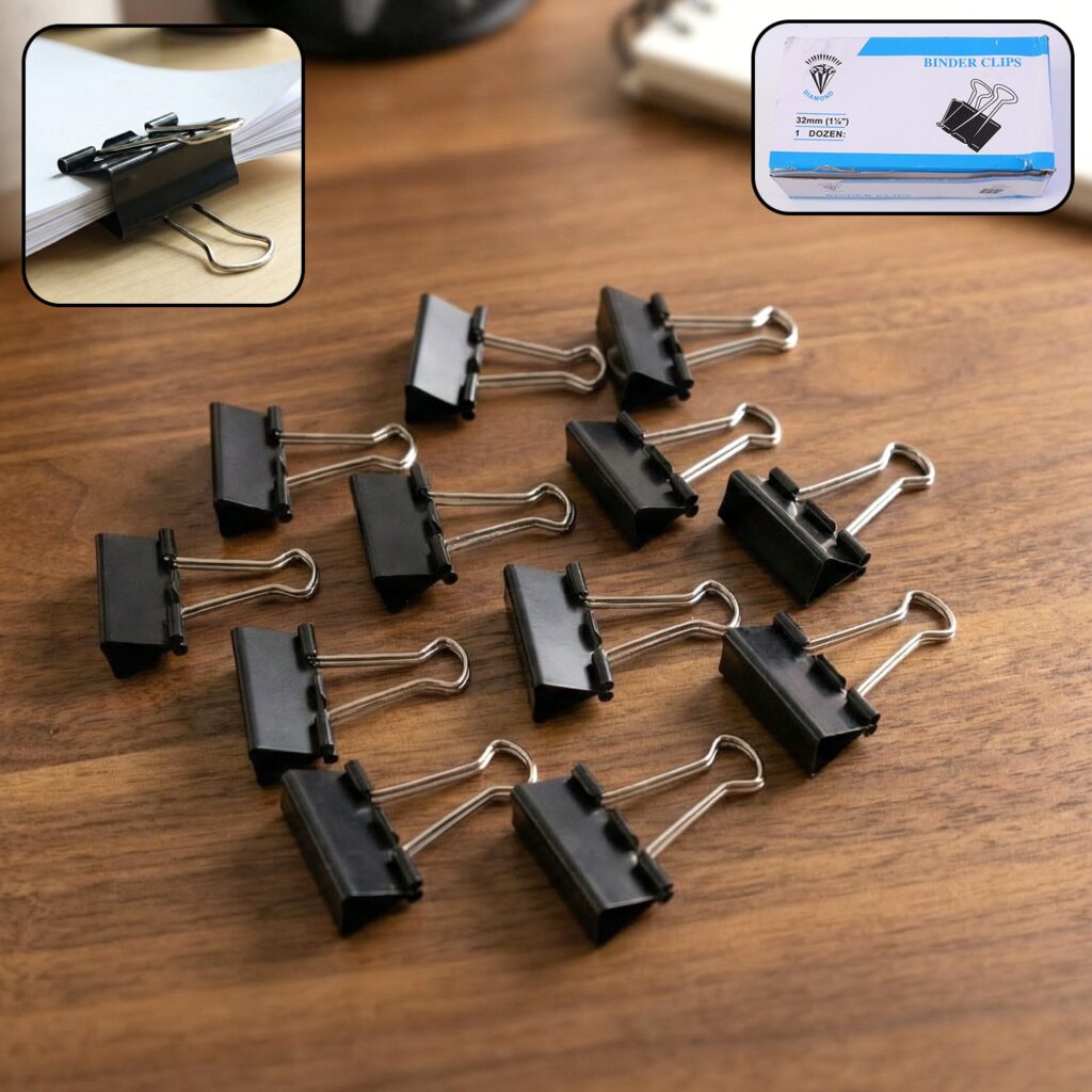 Set of 12 medium size heavy-duty black binder clips