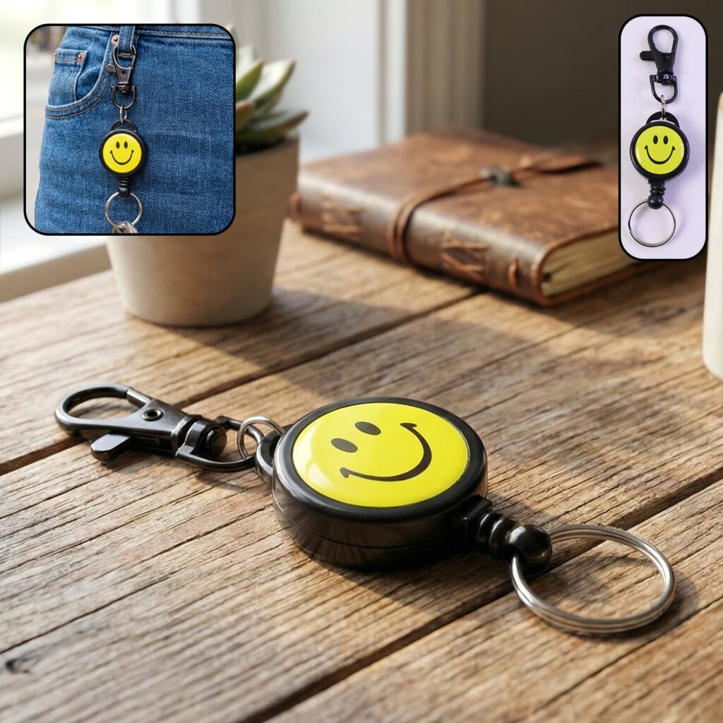 Smiley face retractable keychain with clip