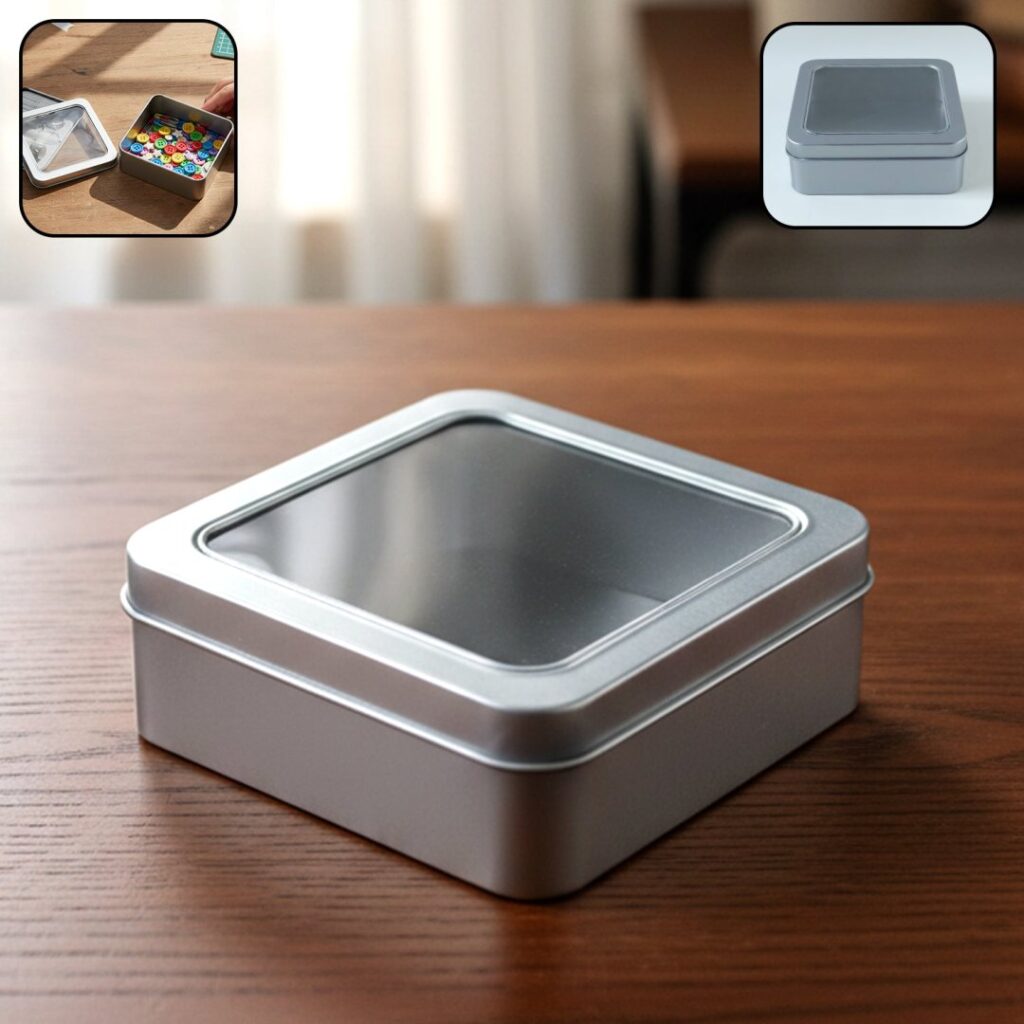 Square metal storage tin box with transparent window lid