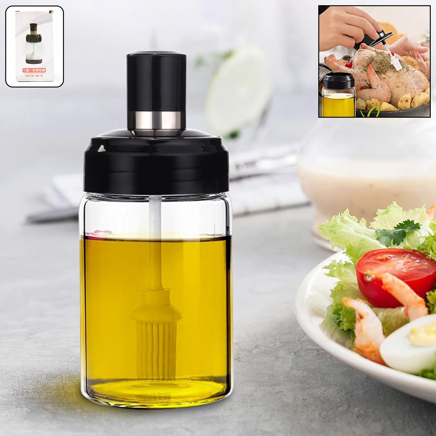 01_5a86739e-f7f4-4997-902c-5aee7bbdc5a5.jpg Clear Glass Oil Dispenser Bottle Integrated Silicone Basting Brush (250ml Approx) - Image 1