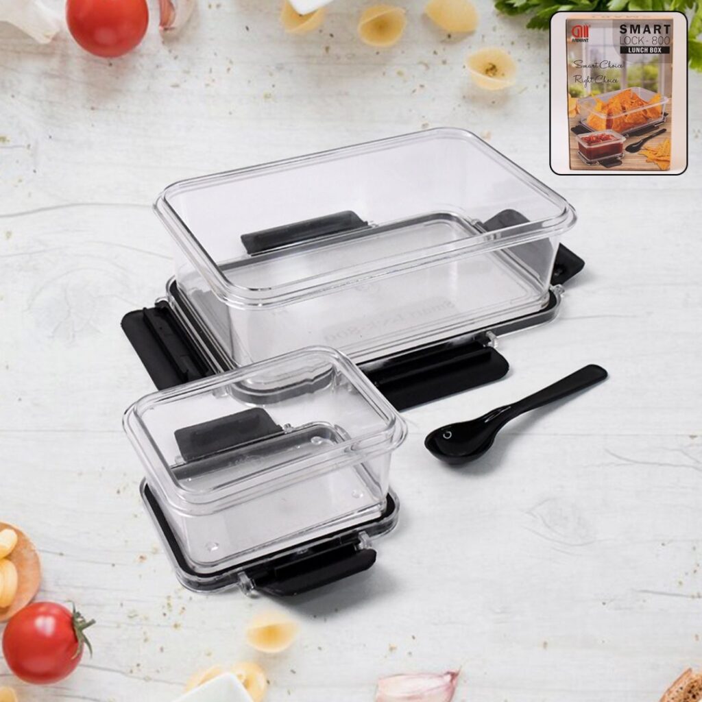 Set of plastic kitchen storage containers with air seal lids and spoons