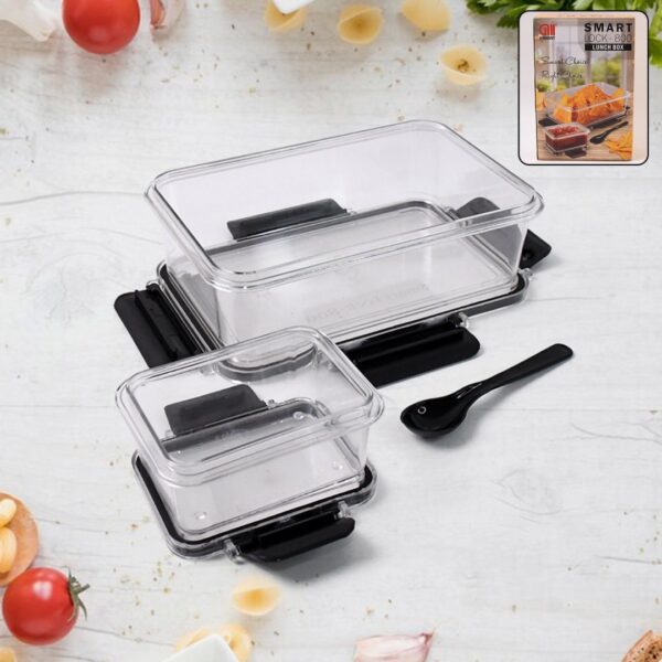 Set of plastic kitchen storage containers with air seal lids and spoons