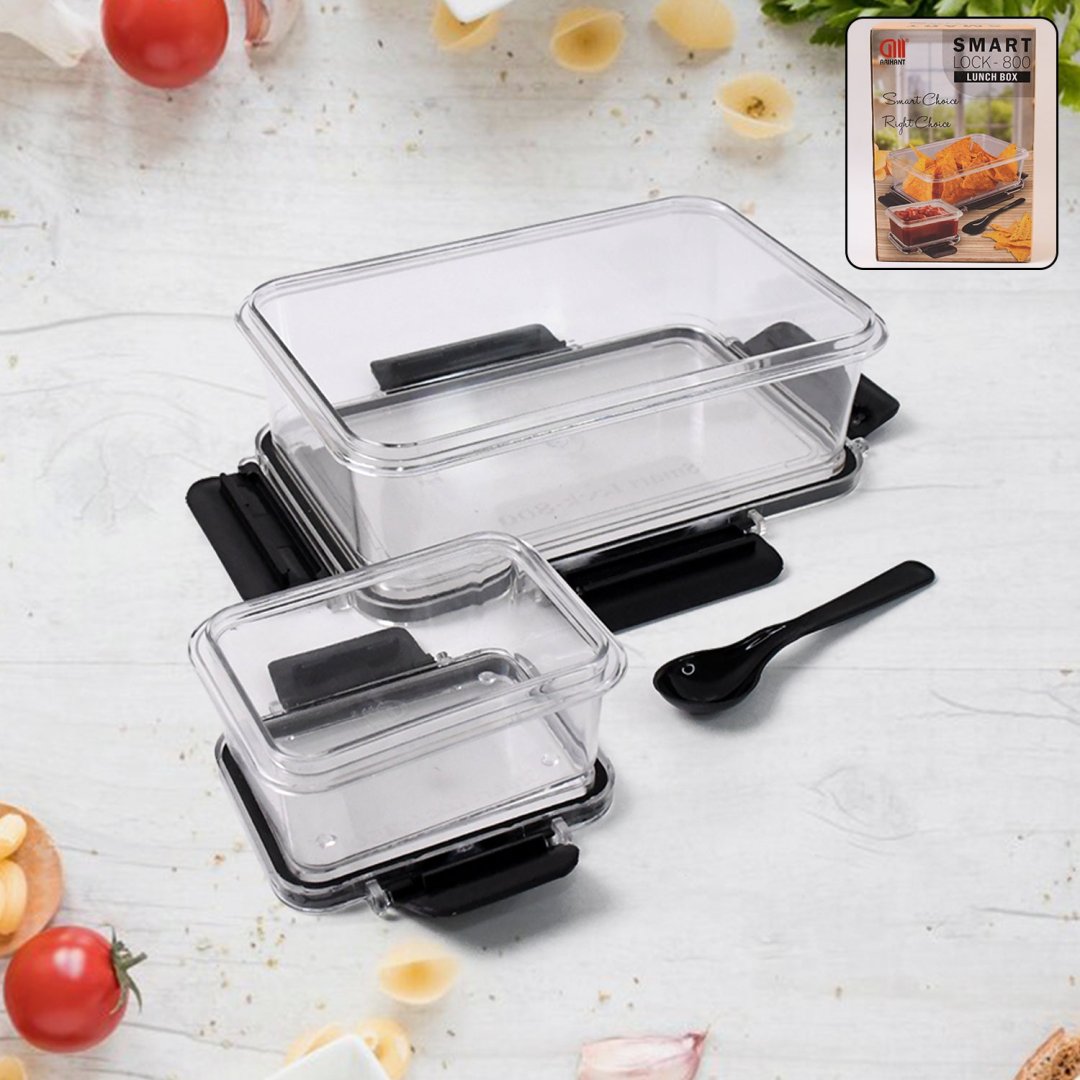 Set of plastic kitchen storage containers with air seal lids and spoons