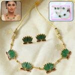 Traditional Green Lotus Design Necklace with Stud Earrings Set(1 Set)