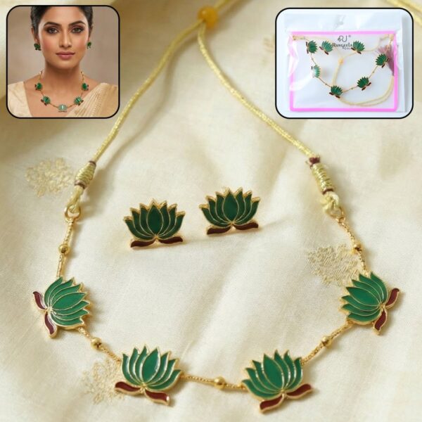 Traditional Green Lotus Design Necklace with Stud Earrings Set(1 Set)