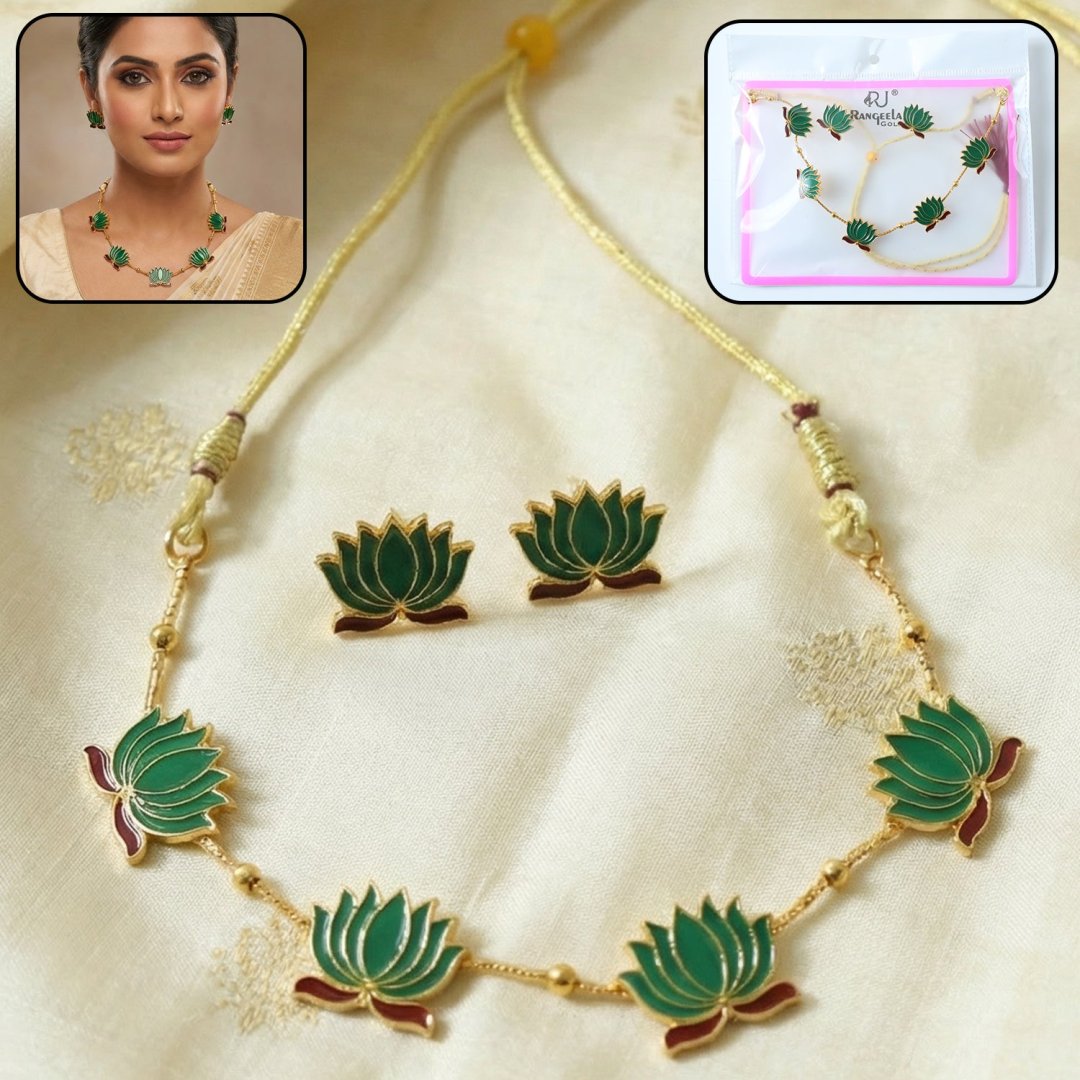 01_73fff42f-70bd-44de-ad4f-ad073c4a721f.jpg Traditional Green Lotus Design Necklace with Stud Earrings Set(1 Set) - Image 1