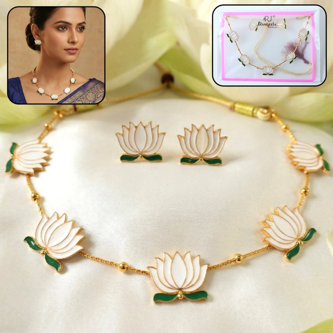 01_954cd437-4611-45c1-8224-02978d67124b.jpg Elegant White Lotus Design Necklace with Stud Earrings Set (1 Set) - Image 1