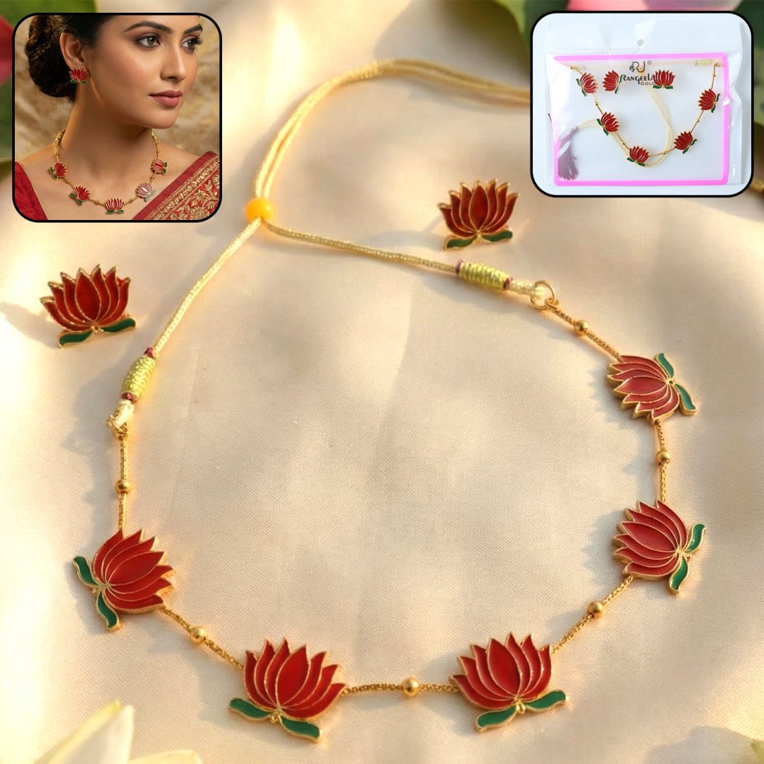 01_9f15df49-d676-4942-9758-f11c5bec5579.jpg Traditional Red Lotus Design Necklace with Stud Earrings Set( 1 Set) - Image 1