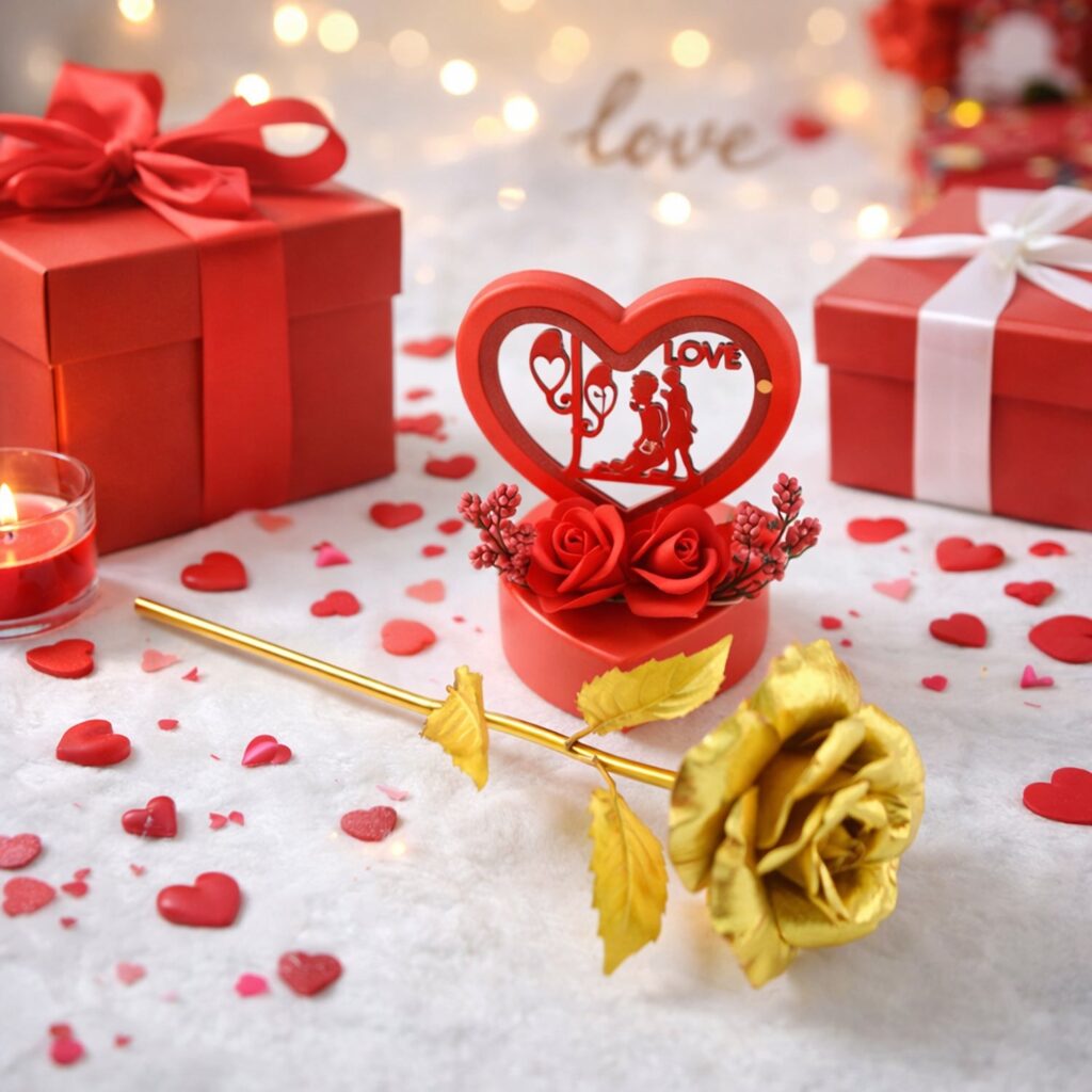 Heart Love Decorative Showpiece with Golden Rose Flower Gift Set
