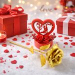 Heart Love Decorative Showpiece with Golden Rose Flower Gift Set
