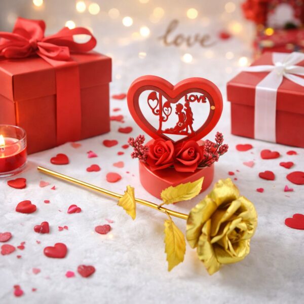 Heart Love Decorative Showpiece with Golden Rose Flower Gift Set