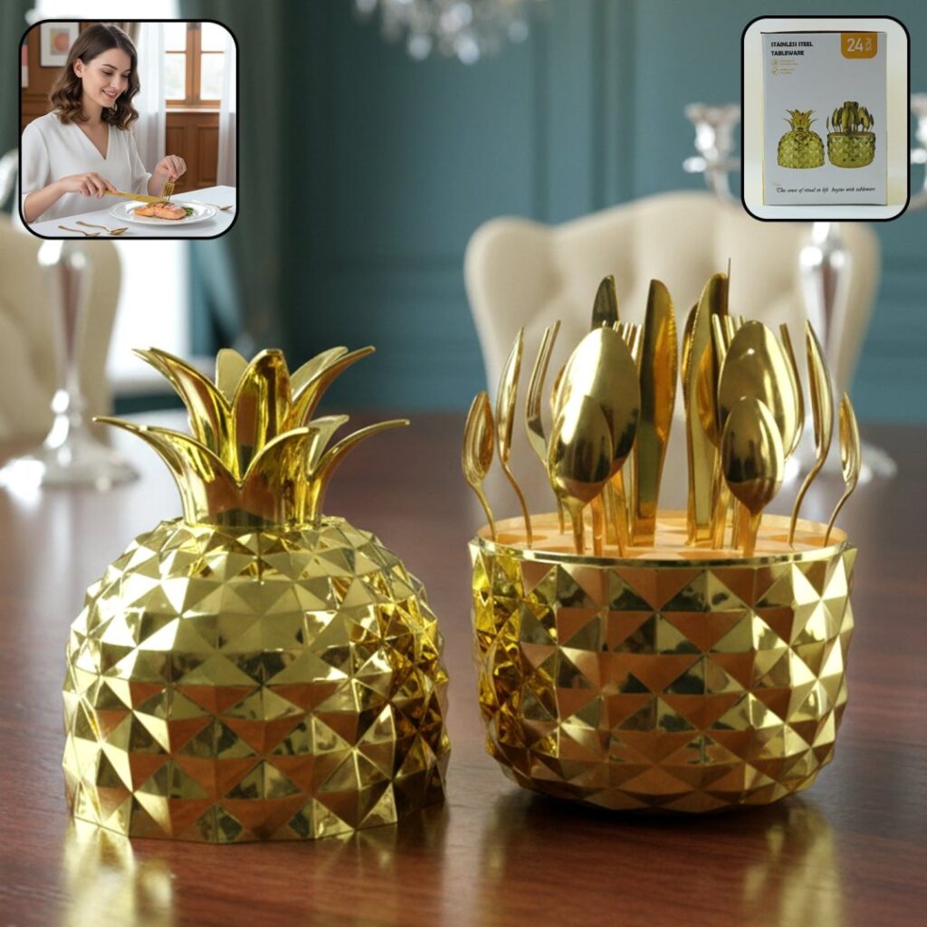 Luxury Golden Cutlery Set with Pineapple Stand