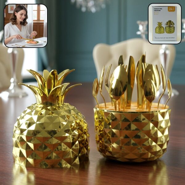 Luxury Golden Cutlery Set with Pineapple Stand