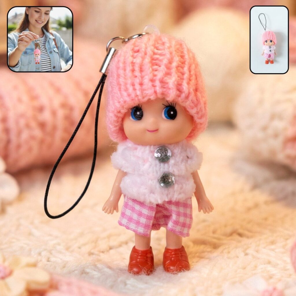 Cute mini doll keychain with soft knitted cap