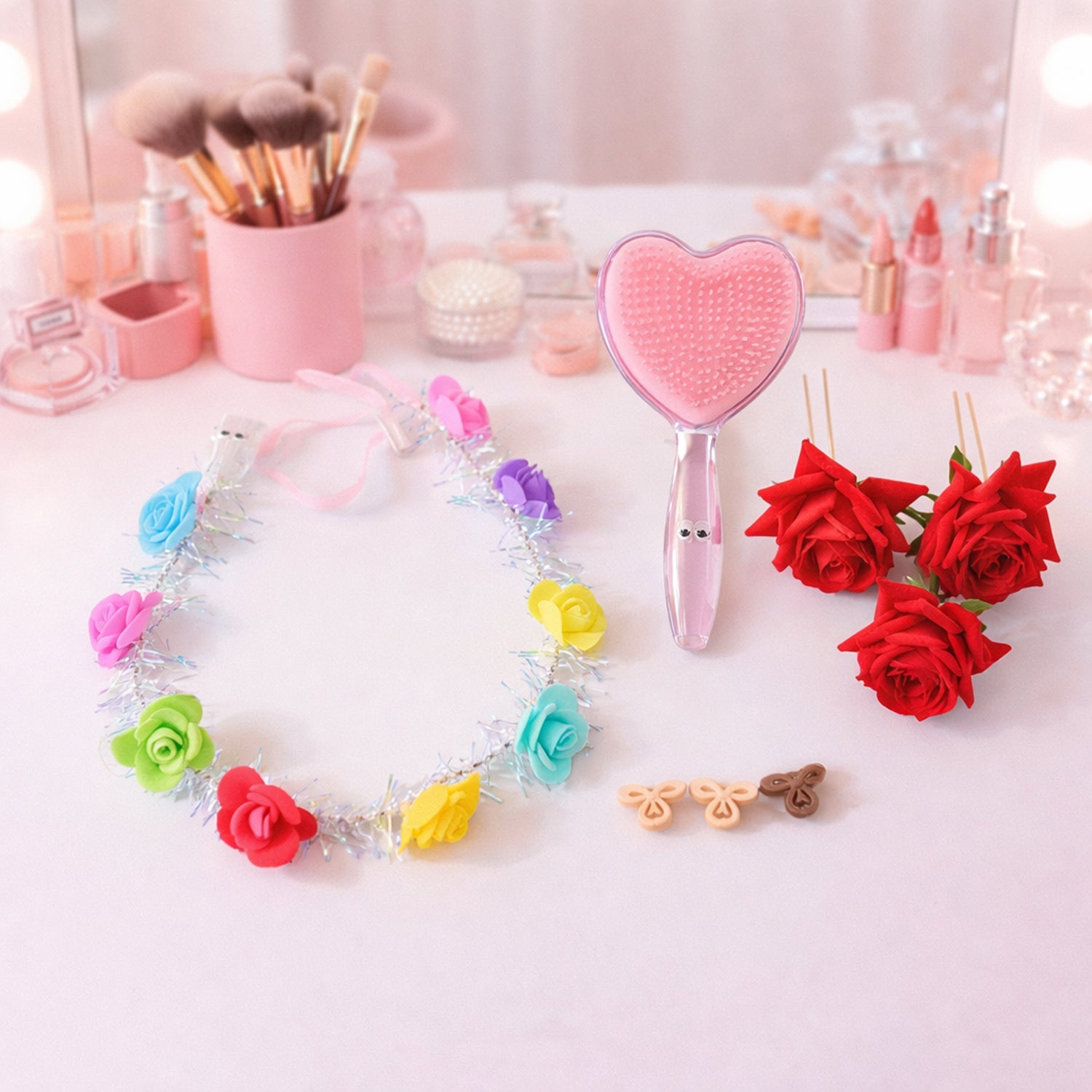 Beauty and Hair Styling Combo Set with Floral Hair Accessories and Brush
