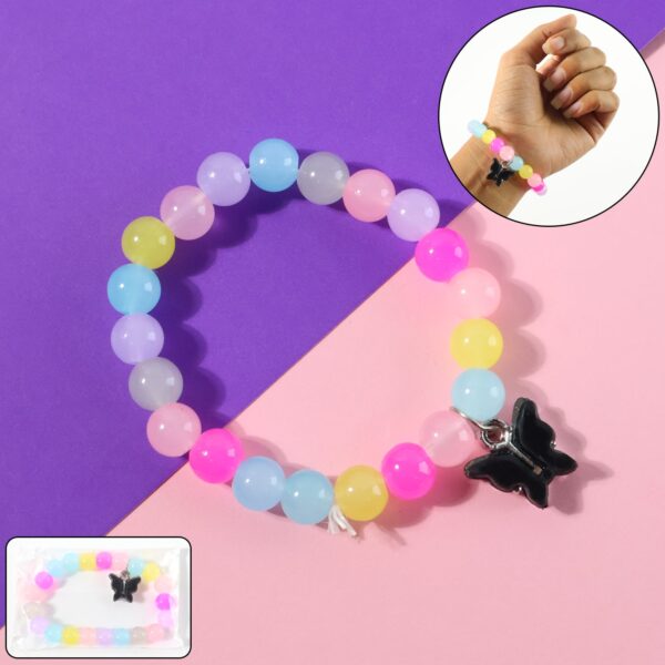 Multicolor pastel bead stretch bracelet with butterfly charm