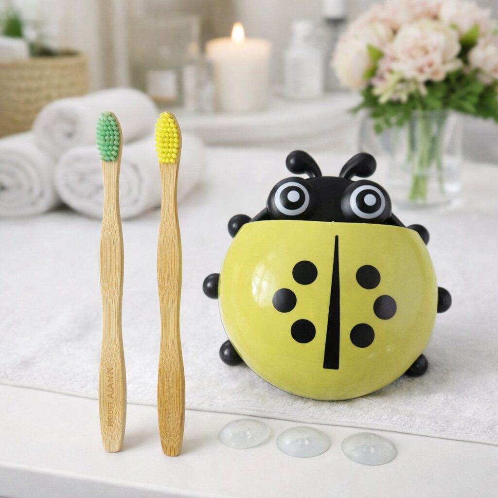 Cute ladybug toothbrush holder with bamboo toothbrush combo set