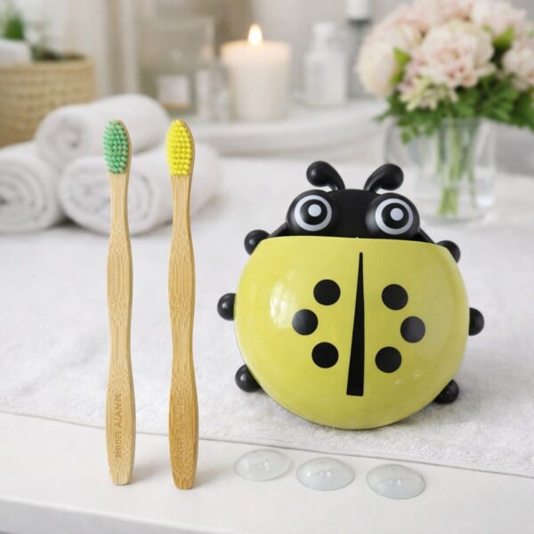 Cute ladybug toothbrush holder with bamboo toothbrush combo set