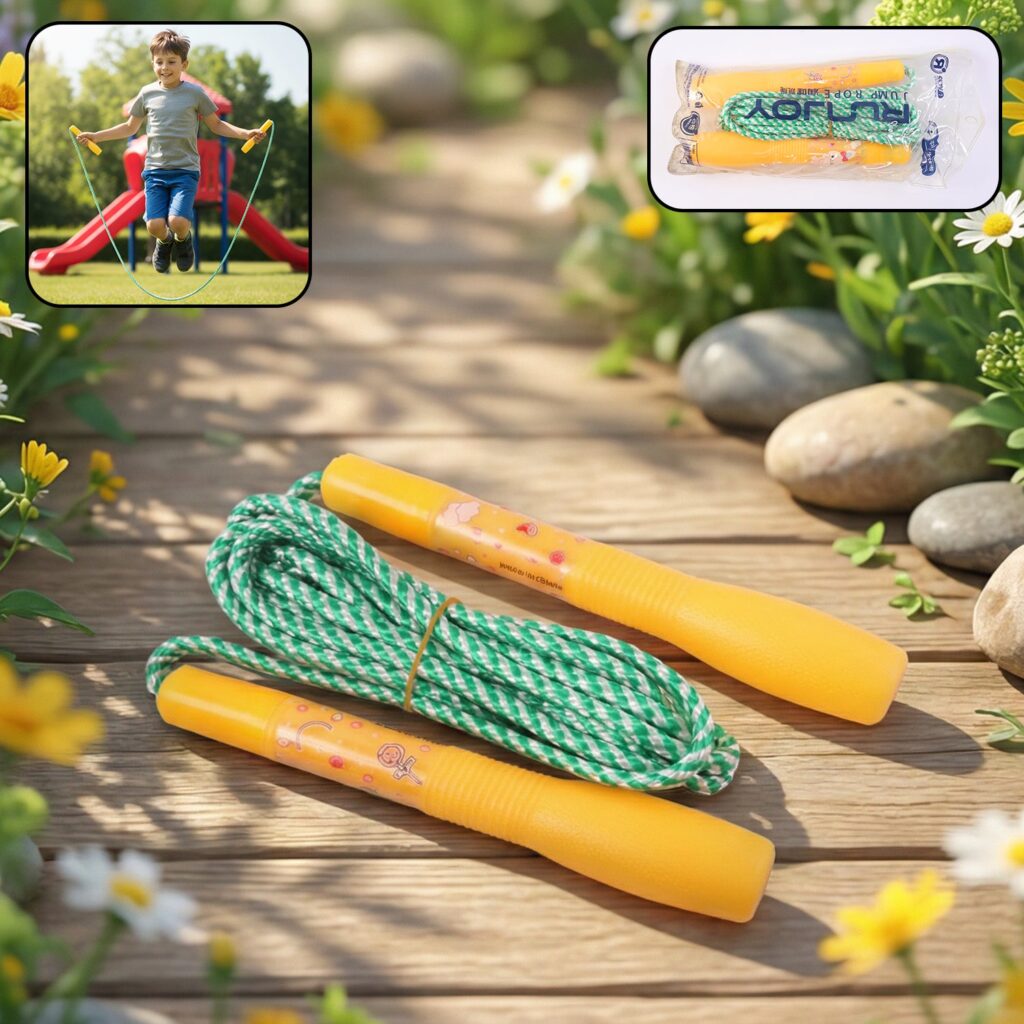 Blue and green kids skipping jump rope