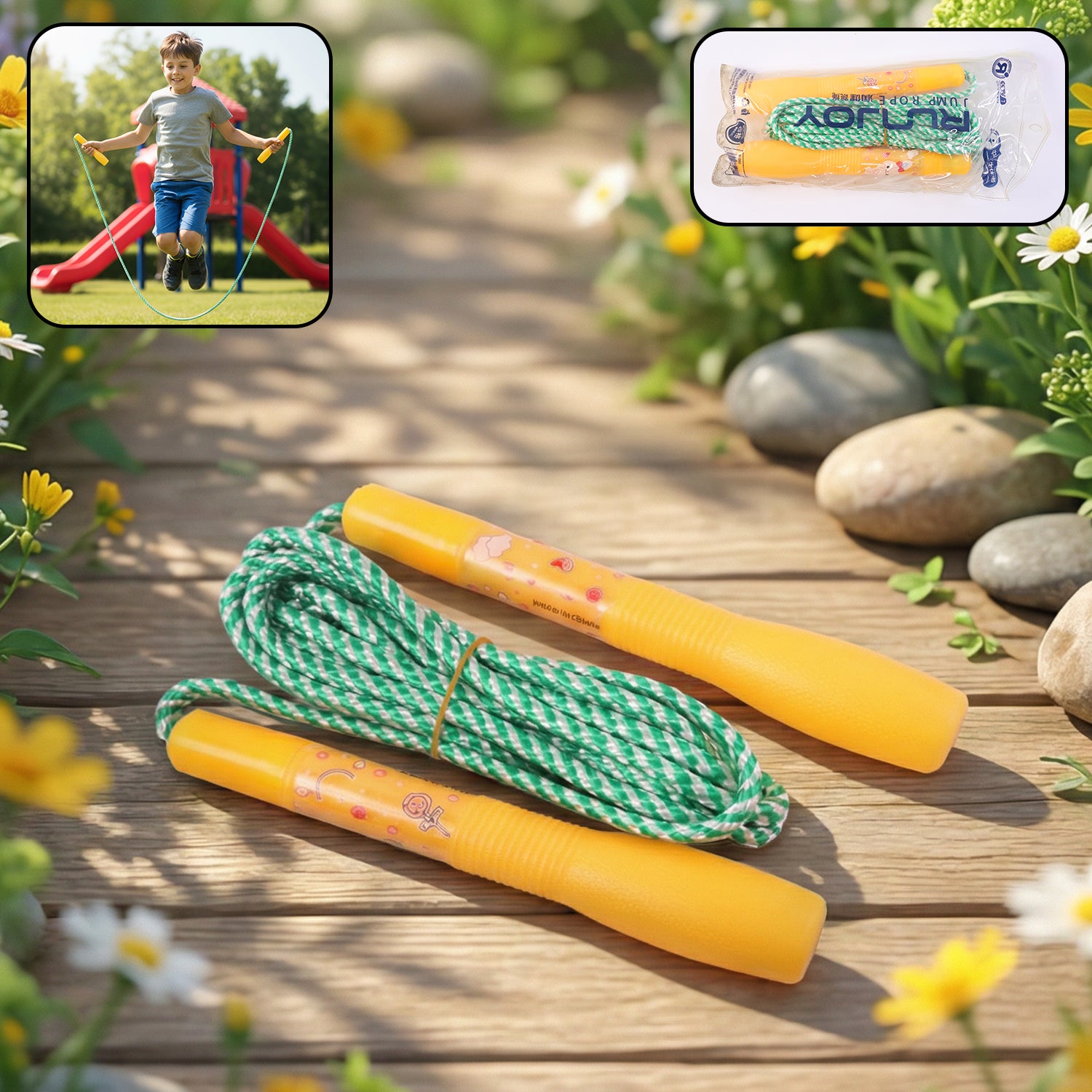 Blue and green kids skipping jump rope