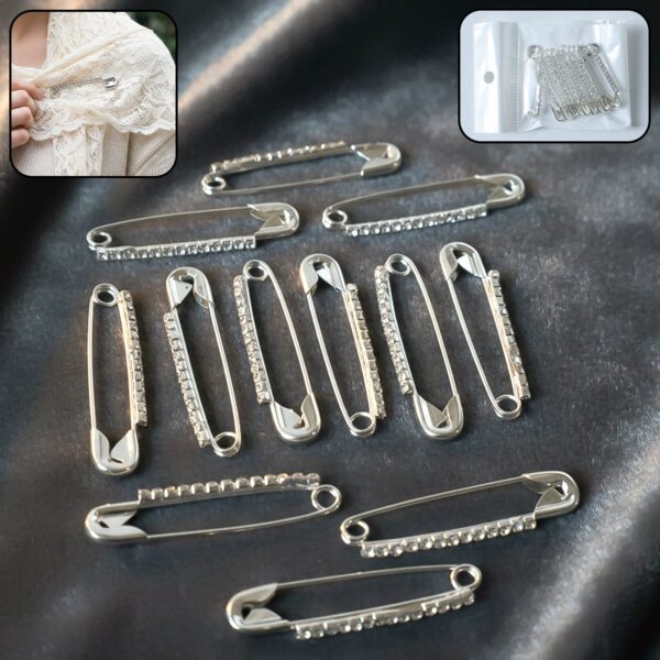 Decorative silver finish safety pin brooch set with crystal stones