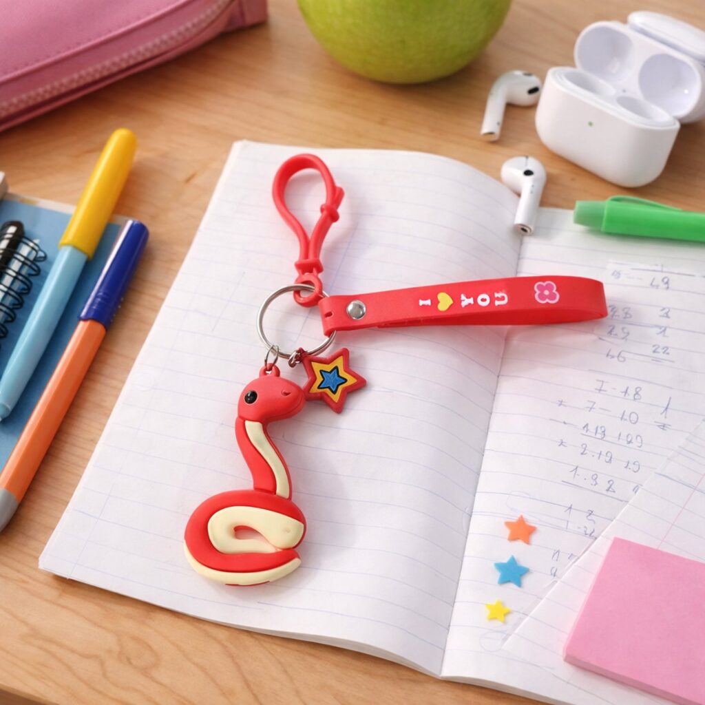 Cute snake shape keychain with strap and hook clip