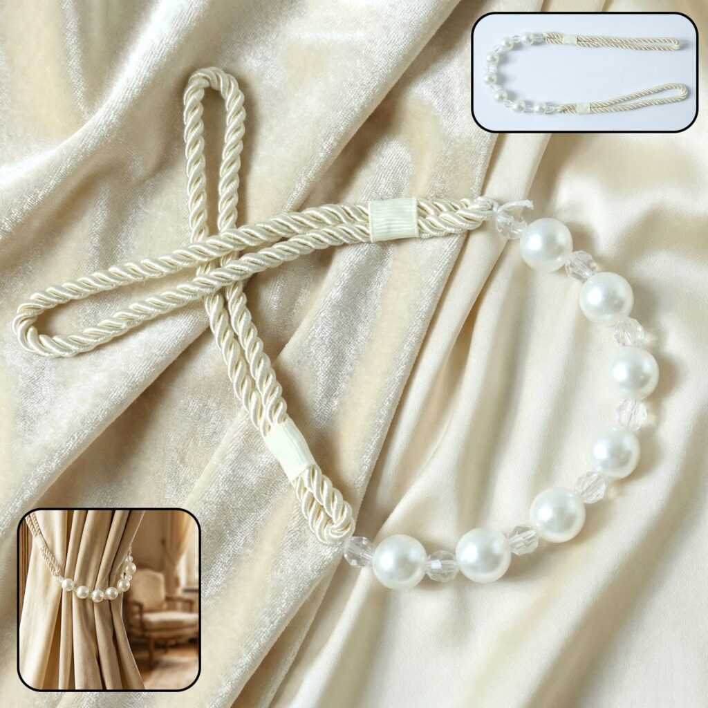 Elegant pearl beaded curtain tieback with twisted rope design