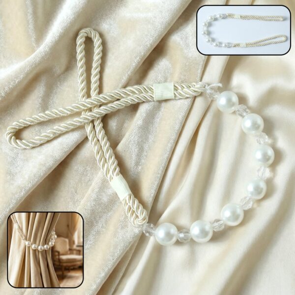 Elegant pearl beaded curtain tieback with twisted rope design