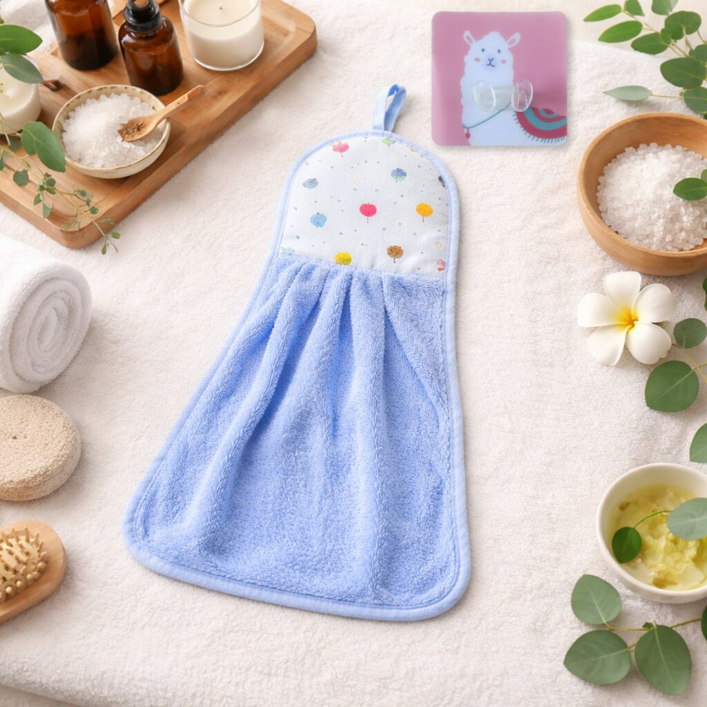 Soft hanging hand towel with self adhesive wall hook combo