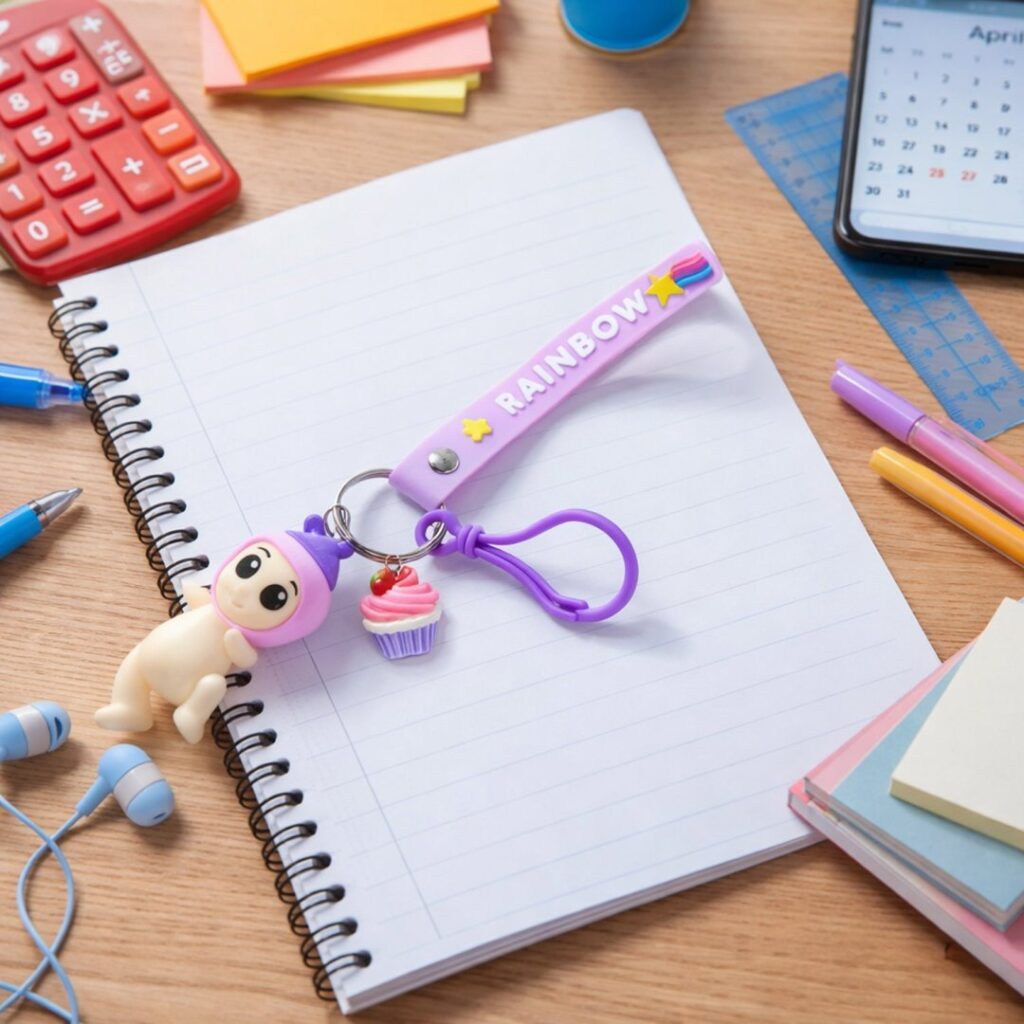 Cute Doll and Cupcake Keychain with Rainbow Strap