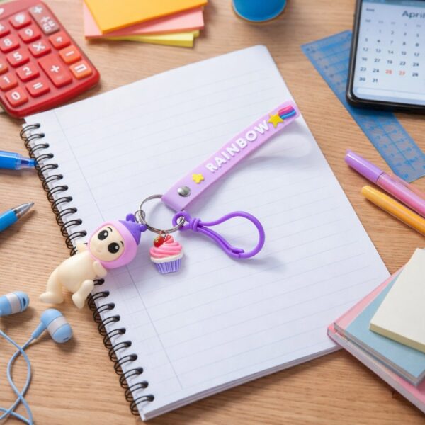 Cute Doll and Cupcake Keychain with Rainbow Strap