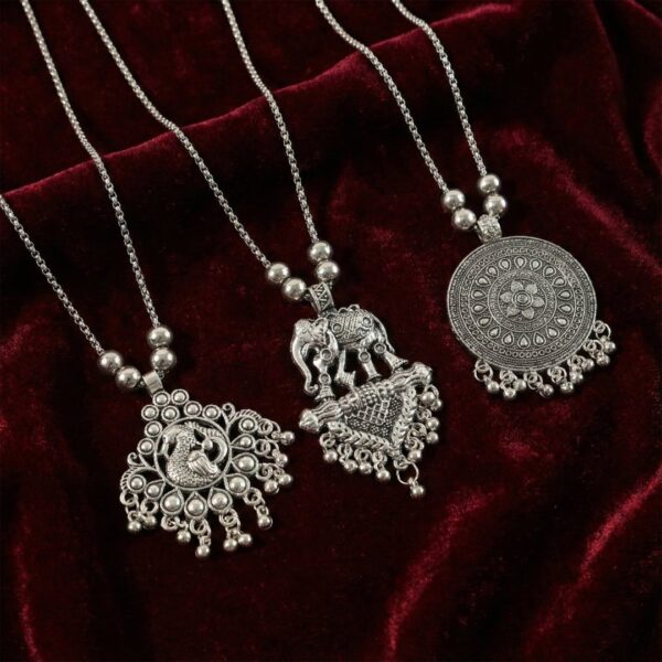 Oxidised Silver Finish Traditional Pendant Necklace – Mix Design (1 Pc)