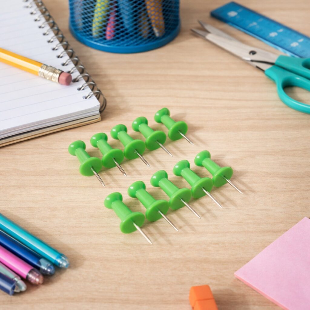 Green plastic push pins for notice boards
