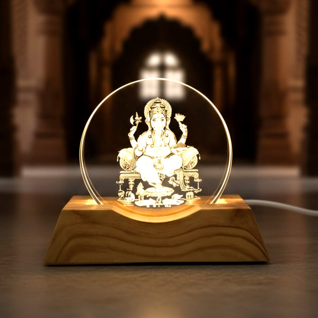 3D Lord Ganesha Acrylic LED Night Lamp with Wooden Base