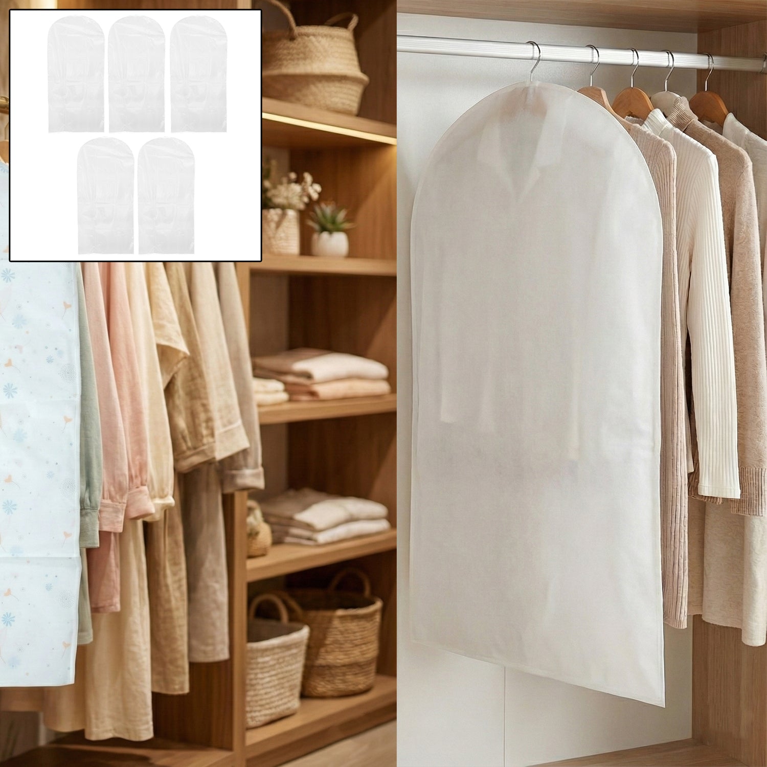 02_WardrobeStorageBag.jpg Pack of 5 Hanging Garment Cover Bags for Wardrobe (60 × 120 cm) - Image 1