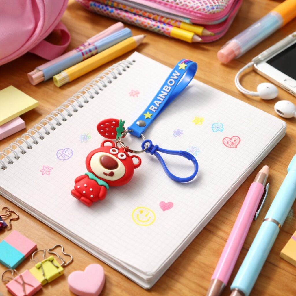 Cute Teddy Bear Keychain with Rainbow Strap and Strawberry Charm
