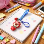 Cute Teddy Bear Keychain with Rainbow Strap and Strawberry Charm