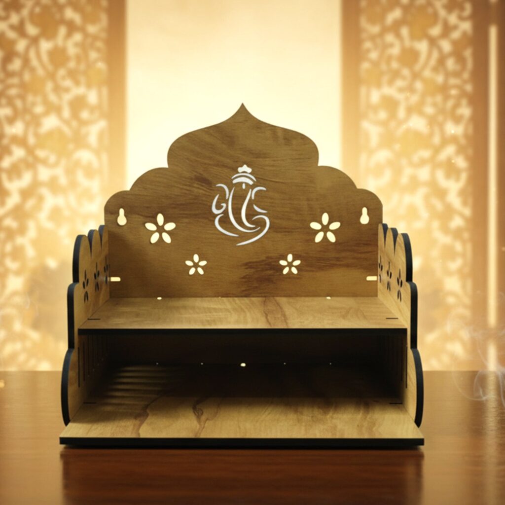 Wooden temple style home mandir stand with Lord Ganesha design