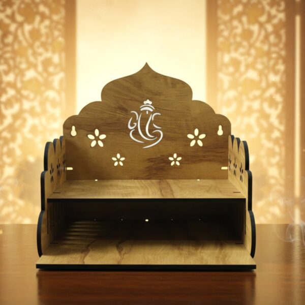 Wooden temple style home mandir stand with Lord Ganesha design