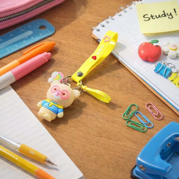 Cute Cartoon Teddy Bear Keychain with Yellow Strap