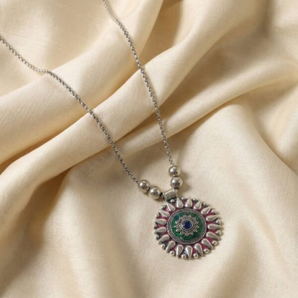 Oxidized Silver Finish Traditional Round Mandala Pendant Necklace (1 pC)