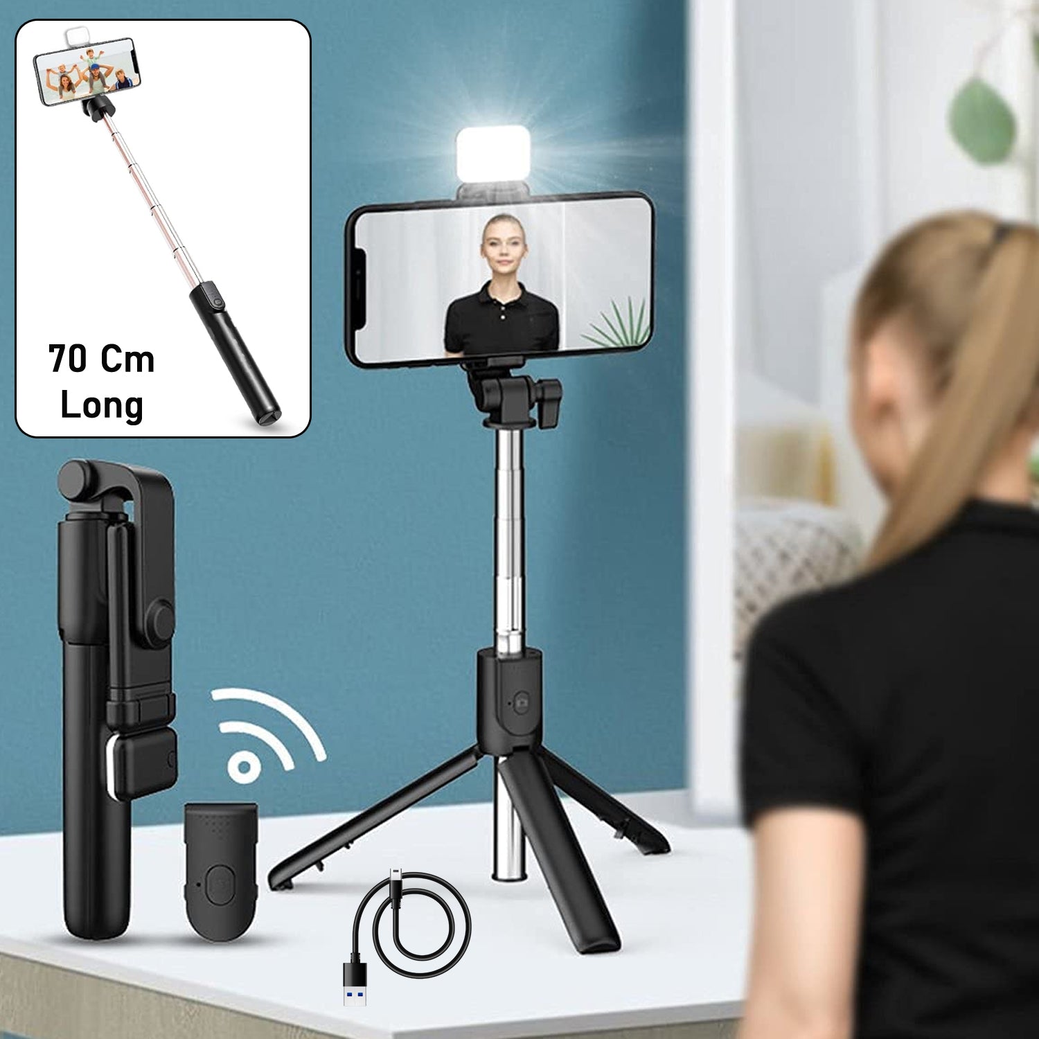 3 in 1 Wired Selfie Stick with Extendable Handle and Tripod