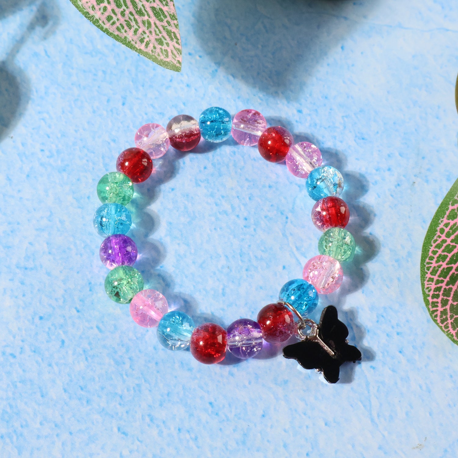 Multicolor Crackle-Bead Stretch Bracelet with Butterfly Charm