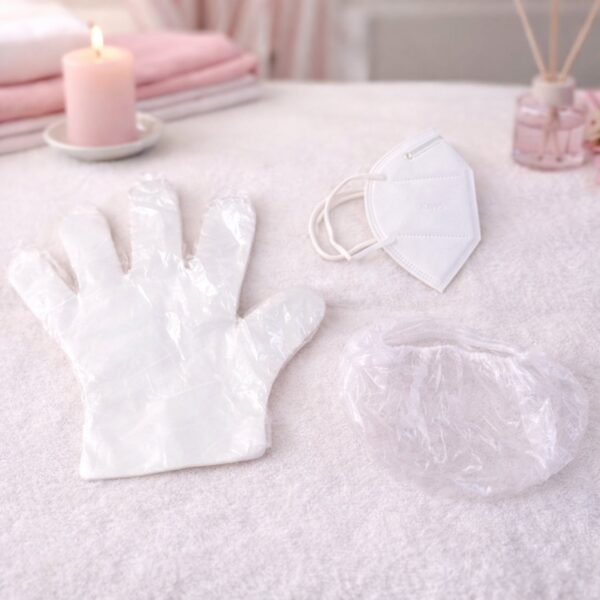 Disposable hygiene safety kit with mask, gloves, and shower cap