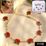 Traditional Red Lotus Design Necklace with Stud Earrings Set( 1 Set) - Image 2