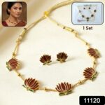 Traditional Lotus Design Necklace with Stud Earrings Set (1 Set) - Image 2