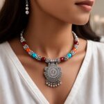 Oxidised Silver Traditional Beaded Necklace Set - Image 8