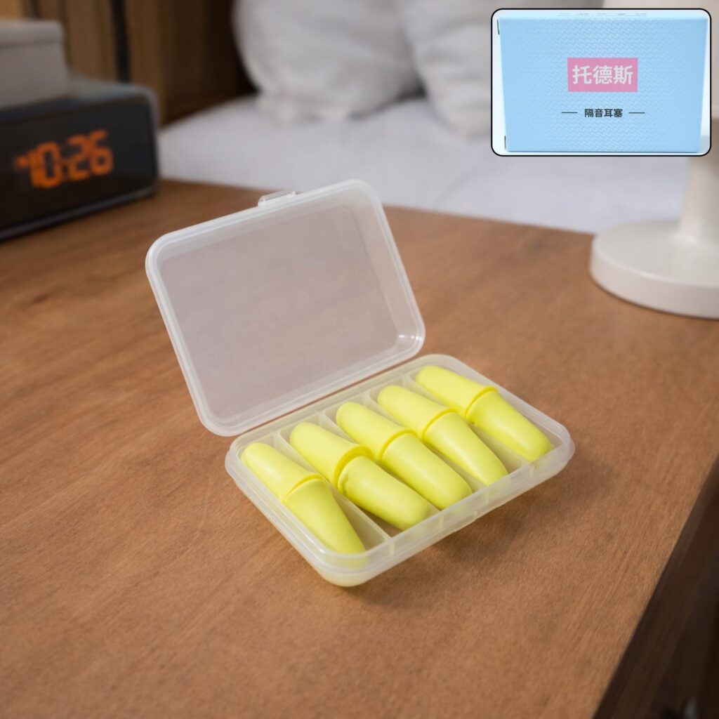 Five pairs of soft foam noise reduction ear plugs with case