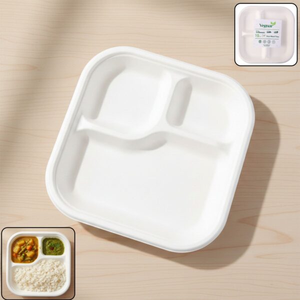 3-compartment square compostable bagasse plate